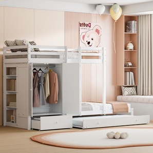 STILVORA Etagenbett 90x200cm Stockbett mit Kleiderschrank&Schubladen und Ablagefach, Jugendbett mit Rausfallschutz&Ausziehbett,weiß(Ohne Matratze)