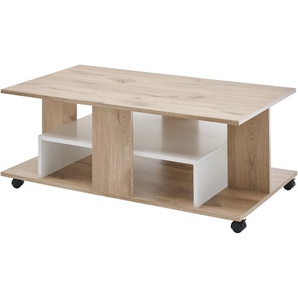Stolkom Sp.z.o.o. Couchtisch Marti rollbar mit Ablageböden, Rima Oak weiß, BxHxT 110x42,5x60 cm, Rollbar, mehrere Ablageböden in Rima Oak weiß