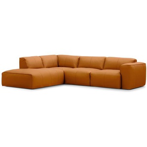 Ecksofa 3-Sitzer mit Recamiere Braun/Cognac Echtleder Neka 295 x 71 x 231cm Ottomane davorstehend links Skandi