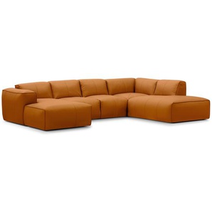 Wohnlandschaft Braun/Cognac Echtleder Neka 325 x 71 x 235cm Longchair davorstehend links / Ottomane rechts Modern