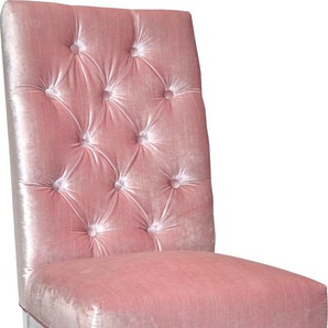 Stuhl LEONIQUE Pinky Stühle Gr. B/H/T: 49 cm x 106 cm x 66 cm, 1 St., Samtvelours uni, 1 Stuhl + Edelstahl, rosa (rosé, silberfarben) 4-Fuß-Stuhl Esszimmerstuhl Polsterstuhl Küchenstühle Stühle Knopfheftung am Rücken und silberfarbenen Metallfüßen,