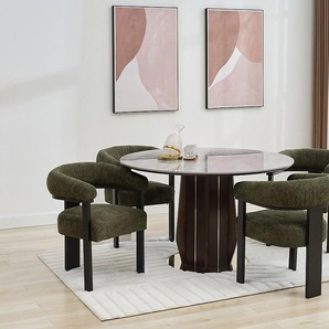 Stuhl mit Armlehnen 6er-Set - Bouclé-Stoff & Kautschukholz - Khaki & Schwarz - LIVELIA von Pascal Morabito