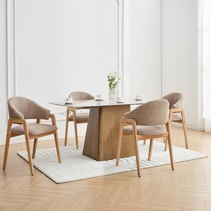 Stuhl mit Armlehnen 6er-Set - Bouclé-Stoff & Kautschukholz - Taupe & Holzfarben - SOLUNA