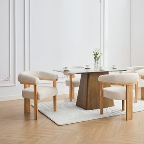 Stuhl mit Armlehnen 6er-Set - Bouclé-Stoff & Kautschukholz - Weiß & Holzfarben - LIVELIA von Pascal MORABITO