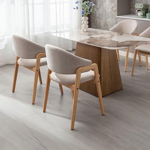 Stuhl mit Armlehnen 6er-Set - Stoff & Kautschukholz - Beige - SOLUNA