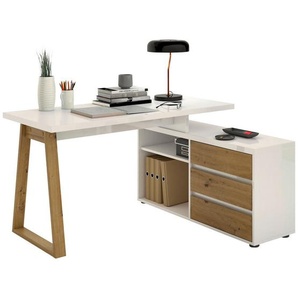 Stylife Eckschreibtisch, Weiß, Eiche Artisan, Holzwerkstoff, 3 Schubladen, Kufe, 120x75x135 cm, Stauraum, seitenverkehrt montierbar, Arbeitszimmer, Schreibtische, Eckschreibtische