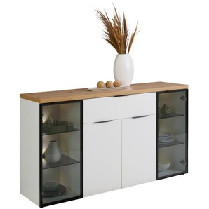 Stylife Sideboard, Weiß, Eiche Artisan, Glas, Holzwerkstoff, 5 Fächer, 1 Schubladen, 160x90x43 cm, Beimöbel erhältlich, stehend, Beleuchtung, Wohnzimmer, Kommoden & Sideboards, Sideboards