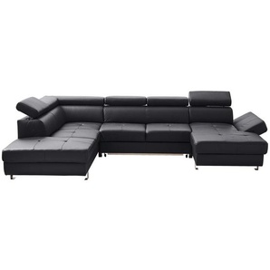 Stylife Wohnlandschaft, Schwarz, Textil, Leder, Kombination Echtleder/Lederlook, Rindleder, 6-Sitzer, U-Form, 334x212 cm, Goldenes M, Lederauswahl,