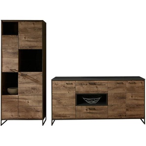 Stylife Wohnwand Brooklyn , Graphit, Eiche , Metall , 8 Holz +2 Glas Fächer , 2 Schubladen , 274x203x43 cm , Typenauswahl, individuell planbar, Beimöbel erhältlich , Wohnzimmer, Wohnwände, Anbauwände