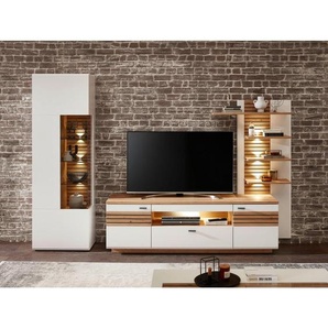 Stylife Wohnwand, Weiß, Eiche Artisan, Metall, 3 Glasböden 5 Holzböden Fächer, 1 Schubladen, 296x201x47 cm, Typenauswahl, Beimöbel erhältlich, stehend, Wohnzimmer, Wohnwände, Anbauwände