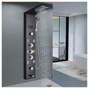 Suguword - Edelstahl Duschpaneel led Duschkopf Niederschlag und Wasserfall lcd Temperatur-Schirm mit Handsprüher Körper Massage Jets Schwarz an der