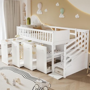 TavilaEcon Kinderzimmer Etagenbett mit Schreibtisch, Kleiderschrank & Schließfächern, sicherem Geländer, 90x200cm, Weiß