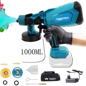 Teetok - Akku Farbsprühsystem Set Elektrische Farbspritzpistole Farbspritzgerät Lackierpistole 1000ml 18V lxt +3.0A Akku+Ladegerät ,Kompatibel mit