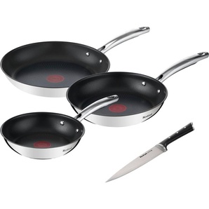 Tefal Pfannen-Set Duetto+ Ice Force, Edelstahl 18/10 (Set, je 1 Bratpfanne Ø 20/24/28 cm, 1 Kochmesser 20 cm), Edelstahl in Premium Qualität, Thermo-Signal, inkl. Kochmesser