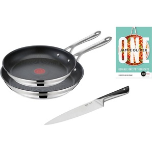 Tefal Pfannen-Set Jamie Oliver Cook Smart, Edelstahl 18/10 (Set, je 1 Pfanne 24 und 28 cm, 1 Kochmesser), stilvolle Edelstahl-Pfannen, inkl. Kochmesser, Rezeptbuch