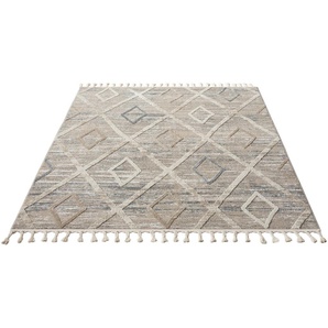 Teppich ANDAS »Otilie« Teppiche Gr. B/L: 240 cm x 320 cm, 11 mm, 1 St., braun Esszimmerteppiche dichte Qualität, Woll-Look, Boho, mit Fransen und Rauten, Scandi