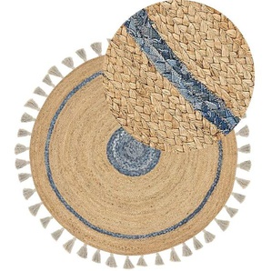 Teppich Beige / Blau Jute und Baumwolle Rund ⌀ 140 cm Kurzflor mit Kreisen Quasten Handgewebt Boho für Fußbodenheizung Wohnzimmer Esszimmer