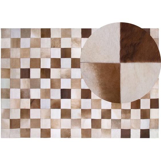 Teppich Beige Braun Echtleder 160 x 230 cm Kurzflor Quadrate Patchwork Maschinengewebt Rechteckig