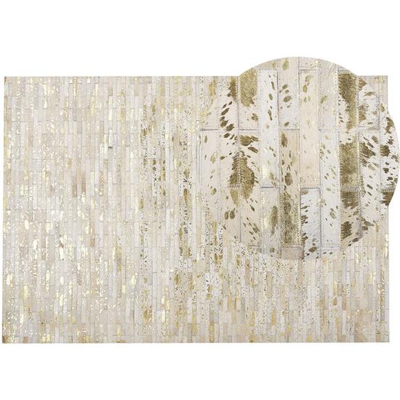 Teppich Beige/ Gold aus Echtleder 140 x 200 cm mit Patchwork Kurzflor Elegant Rechteckig für Wohnzimmer, Schlafzimmer Modernes Design