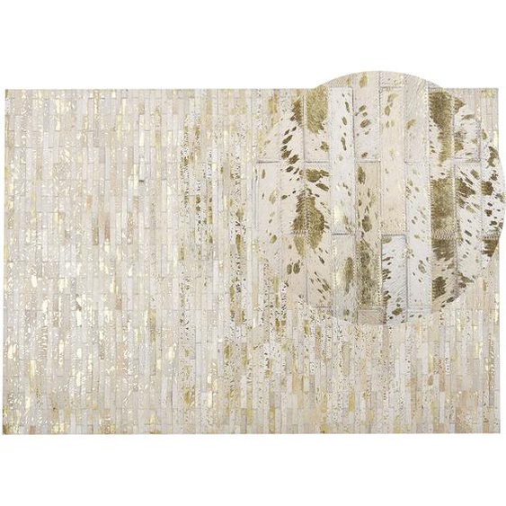 Teppich Beige/ Gold aus Echtleder 160 x 230 cm mit Patchwork Kurzflor Elegant Rechteckig für Wohnzimmer, Schlafzimmer Modernes Design