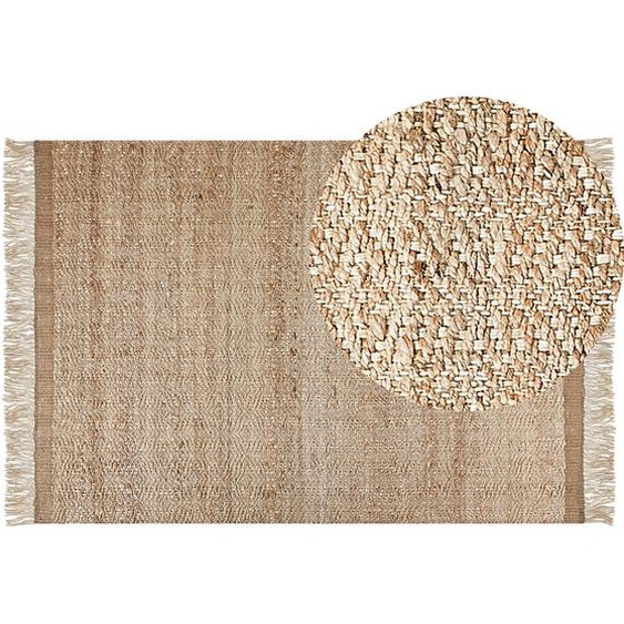 Teppich Beige Jute 160 x 230 cm Rechteckig mit Fransen Geometrisches Muster Handgewebt Boho Stil Schlafzimmer Wohnzimmer