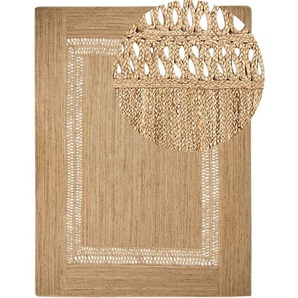 Teppich Beige Jute Rechteckig 300 x 400 cm Geometriches Muster Handgemacht Boho Modern Kurzhaar für Fußbodenheizung Wohnzimmer Ausstattung