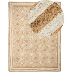Teppich Beige Jute Rechteckig 300 x 400 cm Geometrisches Muster Handgemacht Boho Modern Kurzhaar Fußbodenheizung Geeignet Wohnzimmer Ausstattung