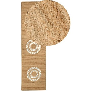 Teppich Beige Jute Rechteckig 80 x 300 cm Kurzflor Lochmuster Handgewebt Boho Stil Langer Vorleger Läufer für Fußbodenheizung Flur Eingang