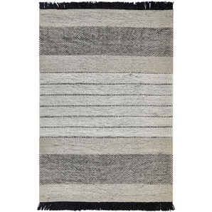 Teppich Beige / Schwarz Wolle 160 x 230 cm Rechteckig Handgewebt Streifenmuster Kurzflor mit Fransen Boho Wohnzimmer Schlafzimmer Esszimmer