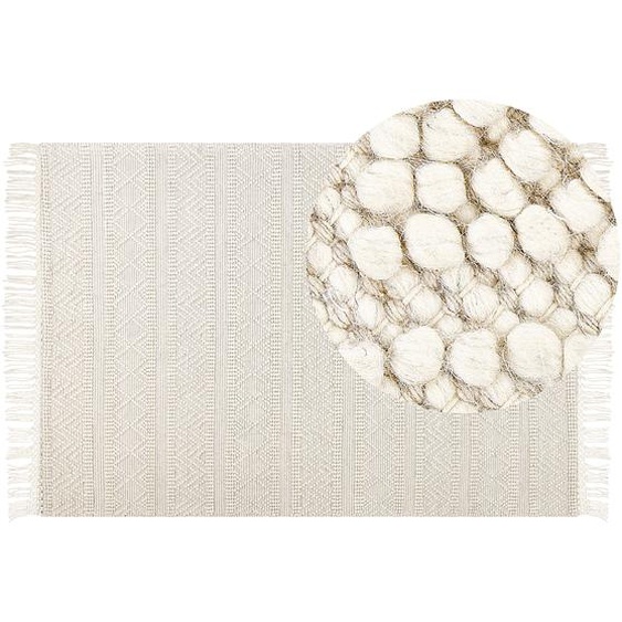 Teppich Beige Wolle 160 x 230 cm mit Quasten Handgewebtes Wohnzimmer Schlafzimmer Boho Modern