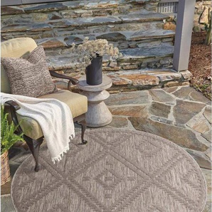 Teppich CARPET CITY In-& Outdoorteppich Santorini 454, 3D-Effekt, Raute-Optik Teppiche Gr. Ø 200 cm, 5 mm, 1 St., braun Esszimmerteppiche Wetterfest & UV-beständig für Terrasse, Balkon, Küche, Flur