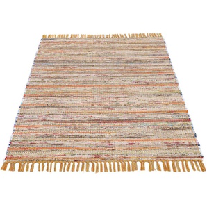 Teppich CARPETFINE Kelim Chindi, Wendeteppich Teppiche Gr. B/L: 200 cm x 250 cm, 6 mm, 1 St., gelb Baumwollteppiche handgewebt, Fleckerlteppich mit Fransen, auch vielen in Läufergrößen