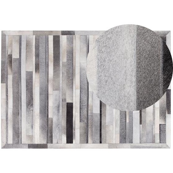 Teppich Grau Beige Echtleder 160 x 230 cm Kurzflor Gestreift Elegant Handgefertigt Rechteckig