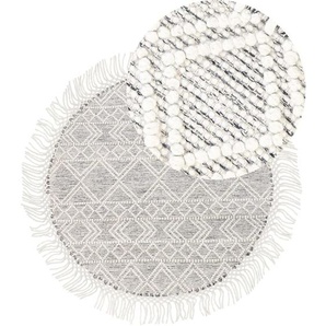 Teppich Grau / Cremeweiß aus Wolle ⌀ 140 cm Rund mit Muster Fransen im Boho Stil für Wohnzimmer Schlafzimmer Flur