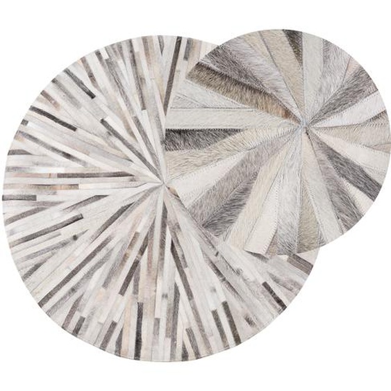 Teppich Grau Echtleder 10 x 140 cm Kurzflor Gestreift Handgewebt Rund