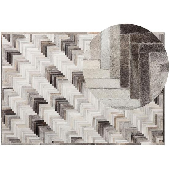 Teppich Grau mit Beige 140 x 200 cm aus Leder Kurzflor Zackenmuster Handgefertigt Rechteckig Modern