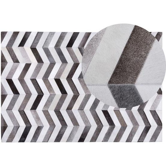 Teppich Grau Weiß Echtleder 140 x 200 cm Kurzflor Geometrisches Muster Modern Handgefertigt Rechteckig