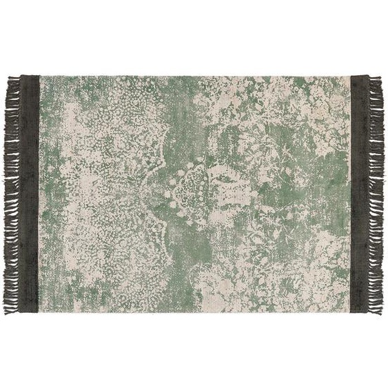 Teppich Grün u. Beige Viskose 160 x 230 cm Rechteckig Kurzflor mit Fransen Orientalisches Muster Rechteckig Wohnzimmer Schlafzimmer Flur