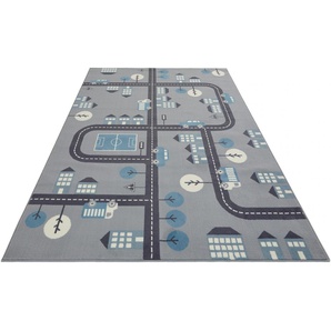 Teppich HANSE HOME Town Teppiche Gr. B/L: 160 cm x 220 cm, 0,9 mm, 1 St., grau (grau, blau) Kinder Kinderzimmerteppiche Schaldämmende Spielunterlage, Straßen Design, Kurzflor