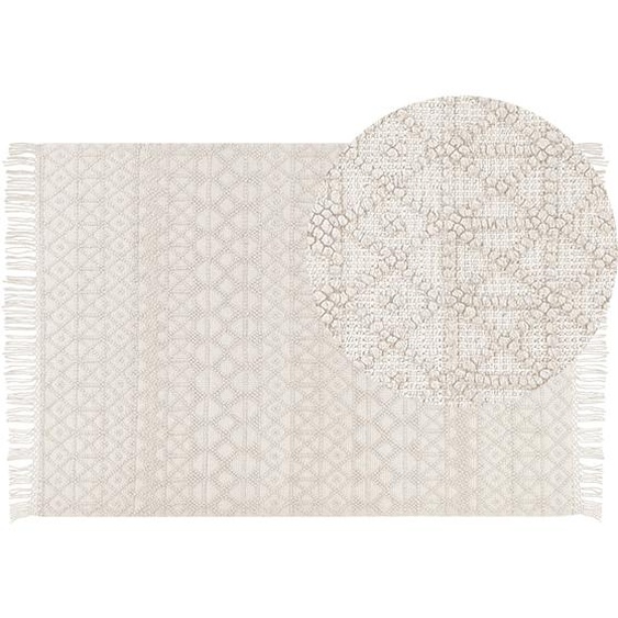 Teppich Hellbeige aus Wolle 160 x 230 cm Rechteckig mit Fransen im Boho Stil Geometrisches Muster Dekoration für Wohnzimmer Schlafzimmer Flur
