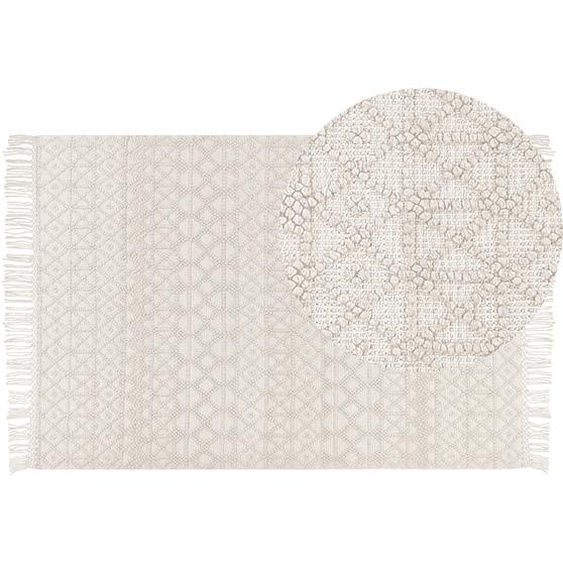 Teppich Hellbeige aus Wolle 200 x 300 cm Rechteckig mit Fransen im Boho Stil Geometrisches Muster Dekoration für Wohnzimmer Schlafzimmer Flur