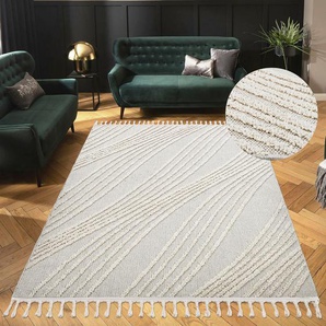 Teppich HOME AFFAIRE Friesach Teppiche Gr. B/L: 200 cm x 300 cm, 18 mm, 1 St., beige (natur) Esszimmerteppiche Hoch-Tief-Struktur, Woll-Look, Boho, mit Fransen, Wellen-Design