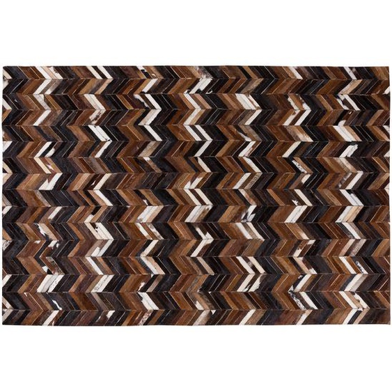 Teppich Schwarz Beige Braun Echtleder 160 x 230 cm Kurzflor Zick Zack Elegant Handgefertigt Rechteckig