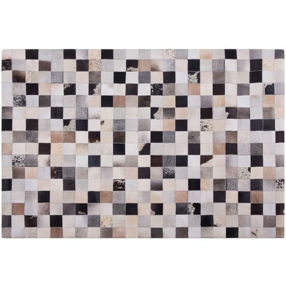 Teppich Braun mit Beige Kuhfell rechteckig 160x230 cm Kurzflor Patchwork geometrisches Muster Kariert Wohnzimmer Schlafzimmer Esszimmer