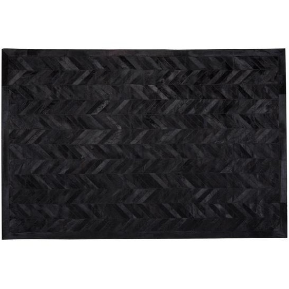 Teppich Schwarz Echtleder 140 x 200 cm Kurzflor Zick Zack Handgefertigt Rechteckig
