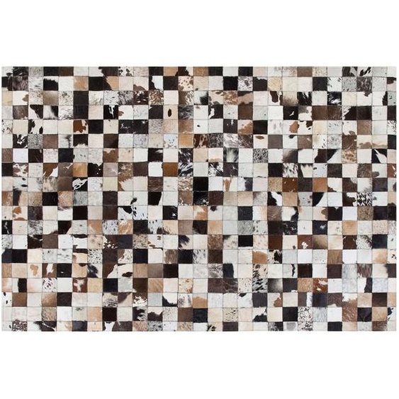 Teppich Weiß Beige Braun Schwarz Grau Echtleder 160 x 230 cm Kurzflor Patchwork Handgefertigt Rechteckig