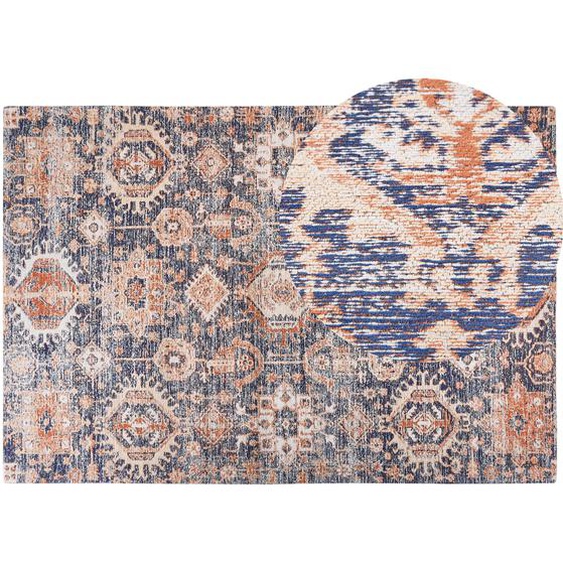 Teppich Läufer Blau und Rot aus Baumwolle 200 x 300 cm Rechteckig Orientalisch Gemustert Boho Stil Hausflur