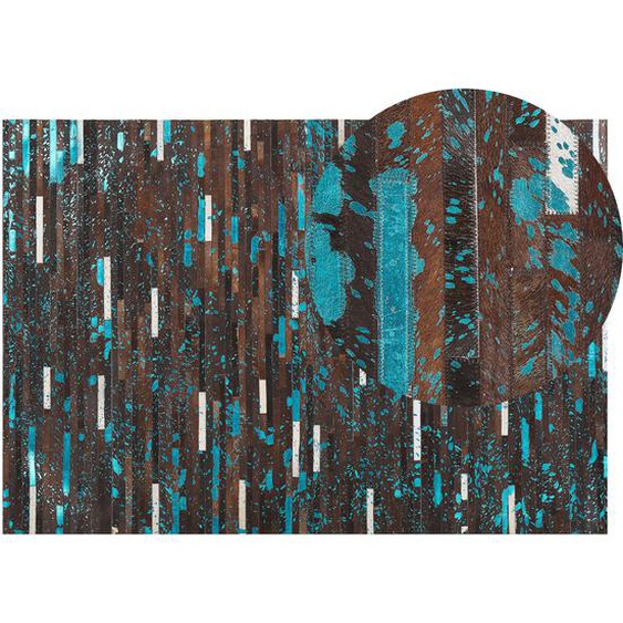 Teppich Leder Braun Blau Weiß Mosaik 140 x 200 cm Modern Wohnzimmer