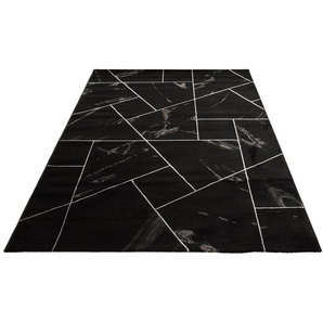 Teppich LEONIQUE Lerina Teppiche Gr. B/L: 160 cm x 230 cm, 12 mm, 1 St., schwarz (black, silver) Esszimmerteppiche Marmor-Design, geometrisches Muster, Hoch-Tief-Effekt, Kurzflor