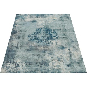Teppich LEONIQUE Nelio Teppiche Gr. B/L: 140 cm x 200 cm, 9 mm, 1 St., blau (petrol) Esszimmerteppiche Vintage Design, Used-Look, Kurzflor, Teppich mit Bordüre